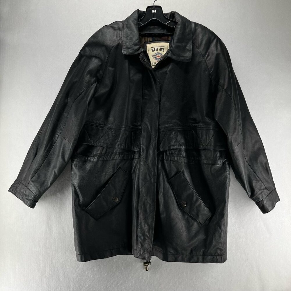 New Age Collection Leather Jacket  Mens Sz L Moto Zip Snap Long Sleeve Black